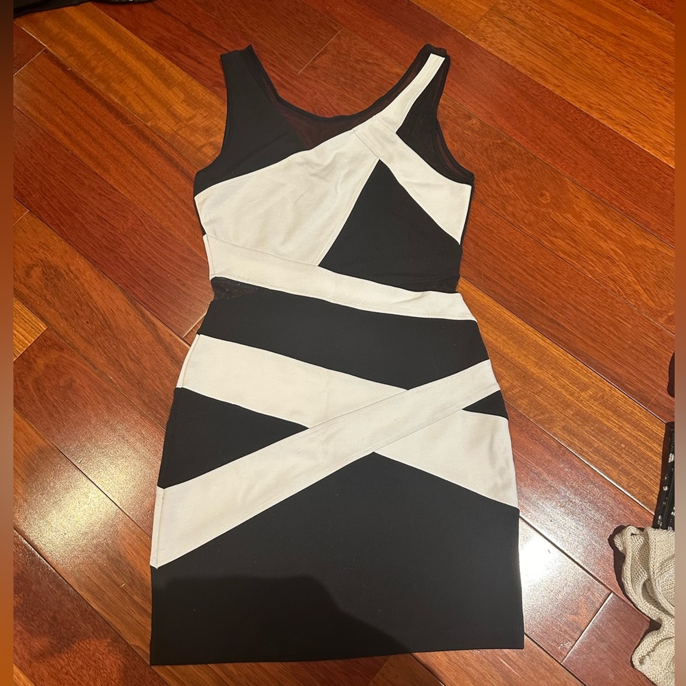 BEBE Mesh Bandage White and Black Mini Dress